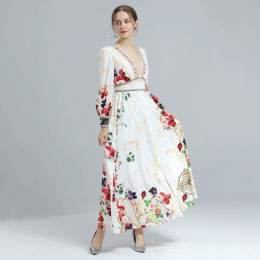 度假風優雅氣質V領燈籠袖高腰開衫襯衫裙女鑲鑽顯瘦長裙子洋裝