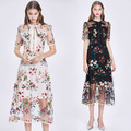法式赫本風中長版氣質收腰顯瘦網紗刺繡碎花洋裝
