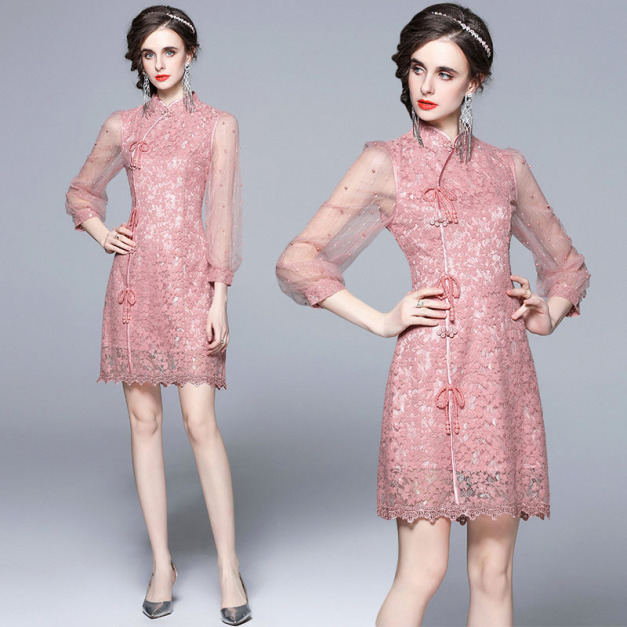 歐美立領提花拼接釘珠網紗袖收腰顯瘦洋裝