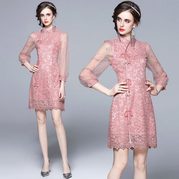 歐美立領提花拼接釘珠網紗袖收腰顯瘦洋裝