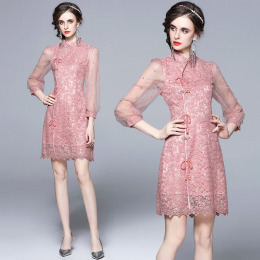 歐美立領提花拼接釘珠網紗袖收腰顯瘦洋裝