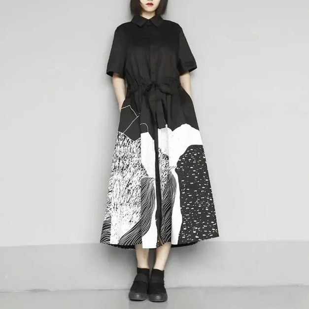 復古短袖顯瘦拼接設計感印花寬鬆大碼襯衫洋裝