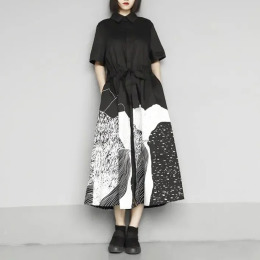 復古短袖顯瘦拼接設計感印花寬鬆大碼襯衫洋裝