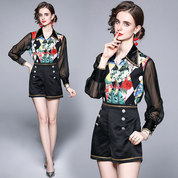 歐美印花襯衫短褲兩件式時尚套裝