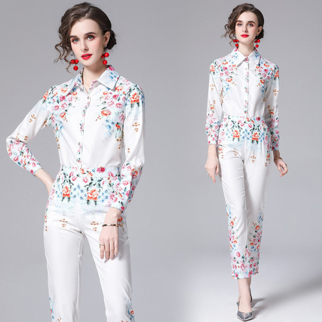 時尚氣質印花襯衫+小腳褲兩件式