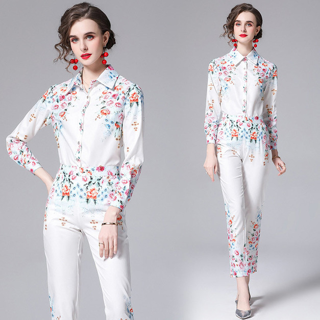 時尚氣質印花襯衫+小腳褲兩件式
