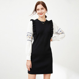 氣質梭織刺繡拼接針織裙中長a字裙洋裝