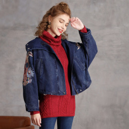 短版刺繡寬鬆休閒外套復古拉鍊牛仔派克小上衣