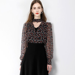 法式小眾歐風溫柔風透視雪紡襯衫碎花上衣女設計感小衫