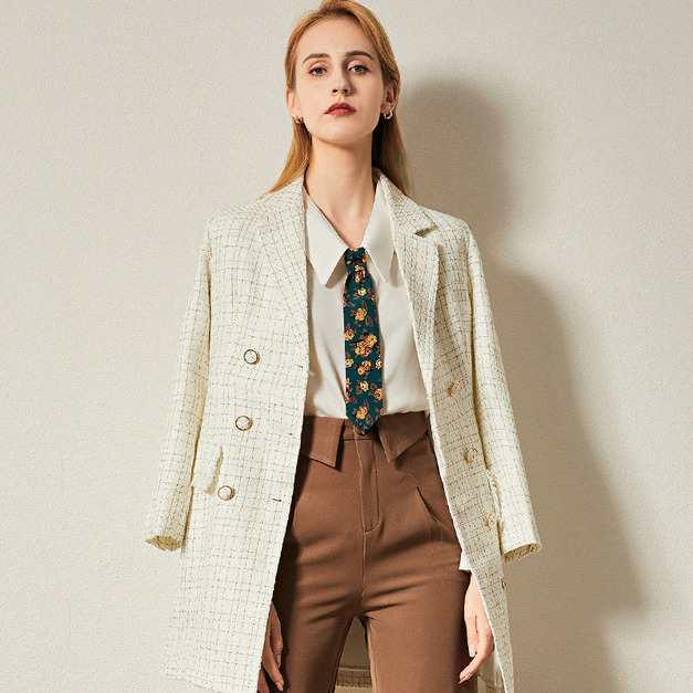 粗花呢格子西裝外套女英倫通勤中長版小個子小香风西服上衣