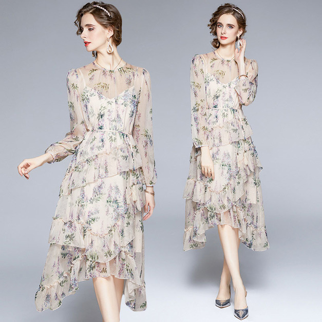 不規則印花洋裝繫帶大擺裙海邊度假唯美裙