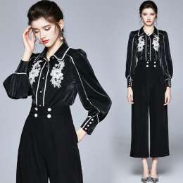 時尚潮流氣質貼花襯衫撞色長袖燈籠袖襯衣上衣