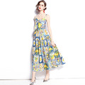 歐美檸檬青花瓷印花蝴蝶結收腰顯瘦吊帶洋裝_1