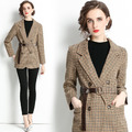 小西裝外套英倫風收腰上衣復古格子中長版小西服