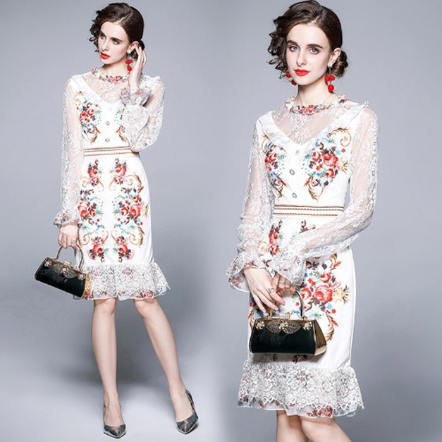 歐美女裝印花拼接蕾絲木耳邊領喇叭袖收腰包臀魚尾裙