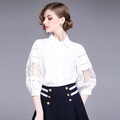 歐美潮流寬鬆拼接純棉鏤空燈籠七分袖襯衫