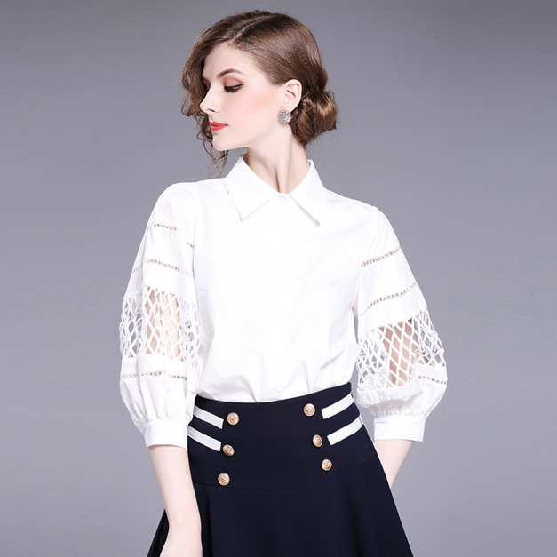 歐美潮流寬鬆拼接純棉鏤空燈籠七分袖襯衫