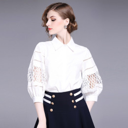 歐美潮流寬鬆拼接純棉鏤空燈籠七分袖襯衫