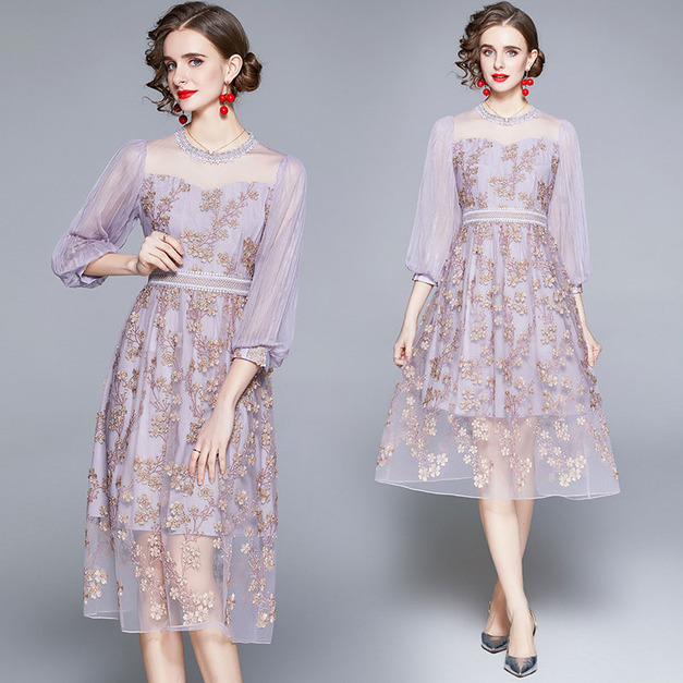 法式仙氣蕾絲燈籠袖透視禮服裙網紗刺繡紫色洋裝