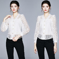 花邊v領泡泡袖長袖襯衫淑女短版蕾絲小衫上衣送吊帶