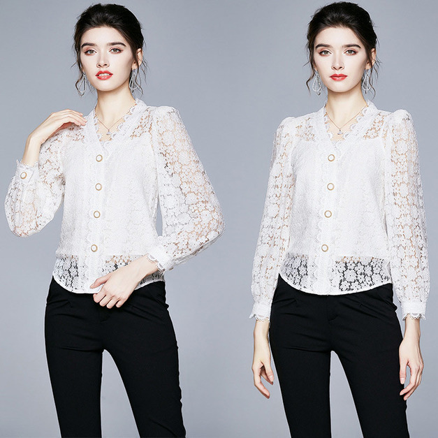 花邊v領泡泡袖長袖襯衫淑女短版蕾絲小衫上衣送吊帶