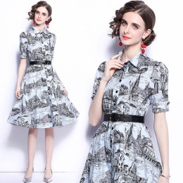 歐美時尚修身印花長裙翻領洋裝贈腰帶