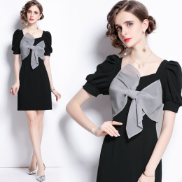 歐美蝴蝶結紗泡泡短袖法式方領甜美洋裝約會減齡