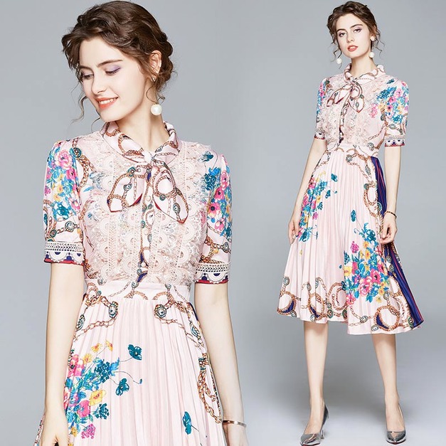 歐美拼蕾絲水溶收腰百褶氣質名媛印花洋裝