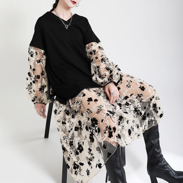 碎花洋裝設計感寬鬆顯瘦赫本風法式長版圓領裙子洋裝