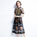 法式茶歇裙復古印花高腰顯瘦氣質短袖中長版洋裝_1
