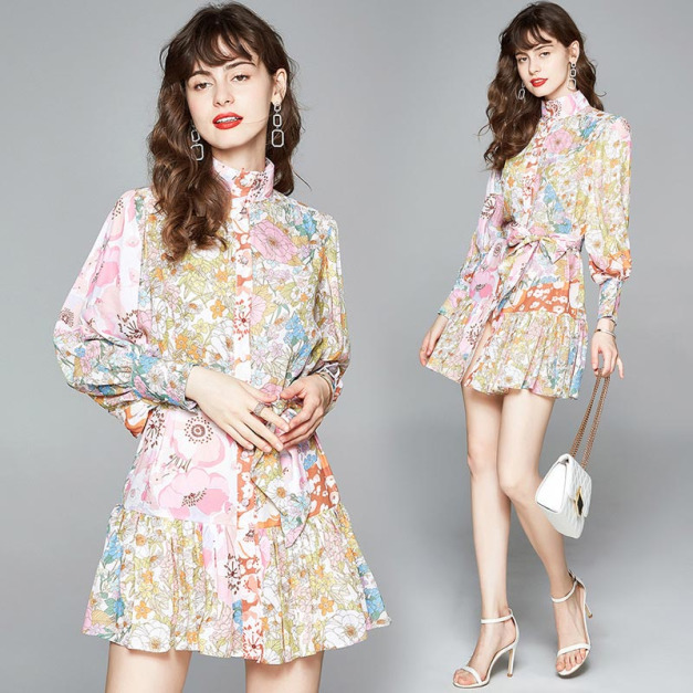 歐洲女裝立領燈籠袖碎花收腰洋裝打底裙