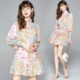 歐洲女裝立領燈籠袖碎花收腰洋裝打底裙