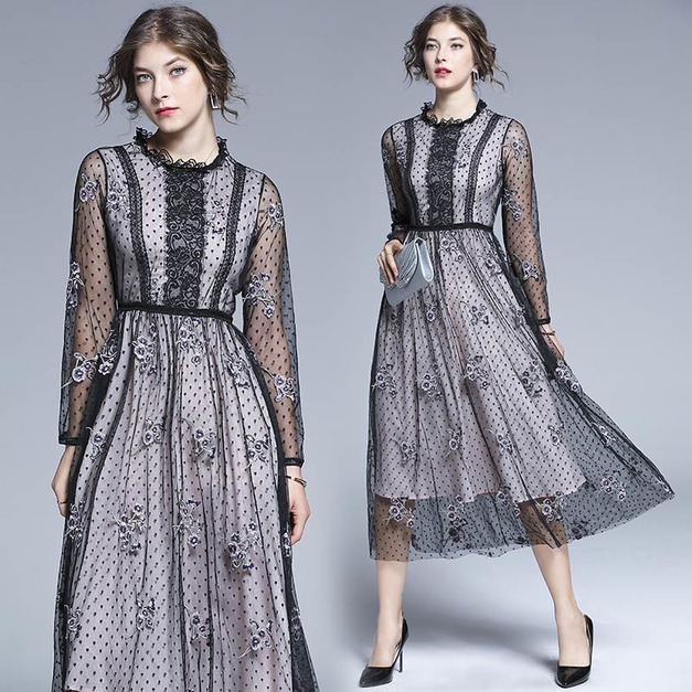 歐美點點波網紗刺繡長版洋裝