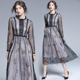歐美點點波網紗刺繡長版洋裝