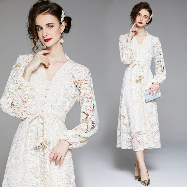宮廷重工鉤花鏤空水溶蕾絲氣質顯瘦洋裝（配送內搭和腰帶）