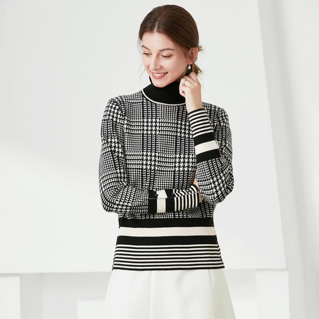 高領毛衣厚針織毛衫格紋設計感寬鬆顯瘦上衣