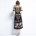 法式茶歇裙復古印花高腰顯瘦氣質短袖中長版洋裝_2