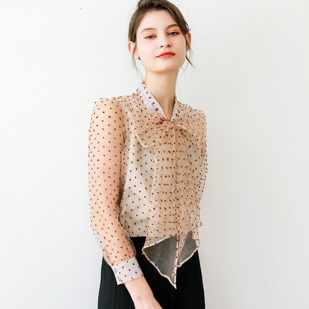 大蝴蝶繫帶雪紡衫甜美歐根紗九分袖透視襯衫