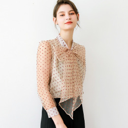 大蝴蝶繫帶雪紡衫甜美歐根紗九分袖透視襯衫