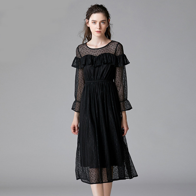 蕾絲洋裝 棉花糖女孩時尚點點波鬆緊腰大碼裙