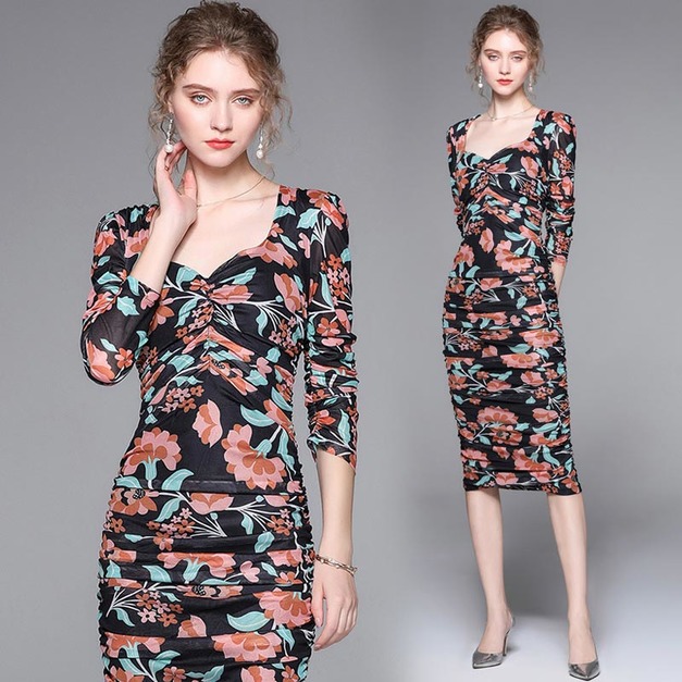 歐美女裝網紗印花修身包臂性感洋裝