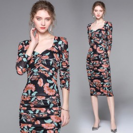 歐美女裝網紗印花修身包臂性感洋裝