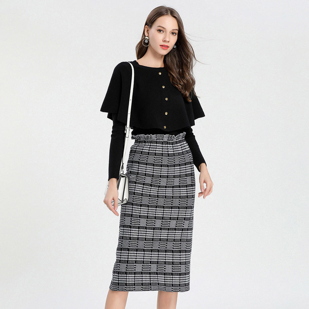 套裝氣質職業裙中長版過膝披肩式針織裙兩件式