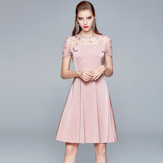 法式小眾洋裝星星亮片收腰顯瘦A字裙