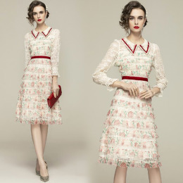 網紗印花拼接娃娃領長袖收腰名媛氣質蛋糕洋裝