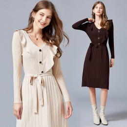歐洲站荷葉邊收腰繫帶V領長袖針織洋裝