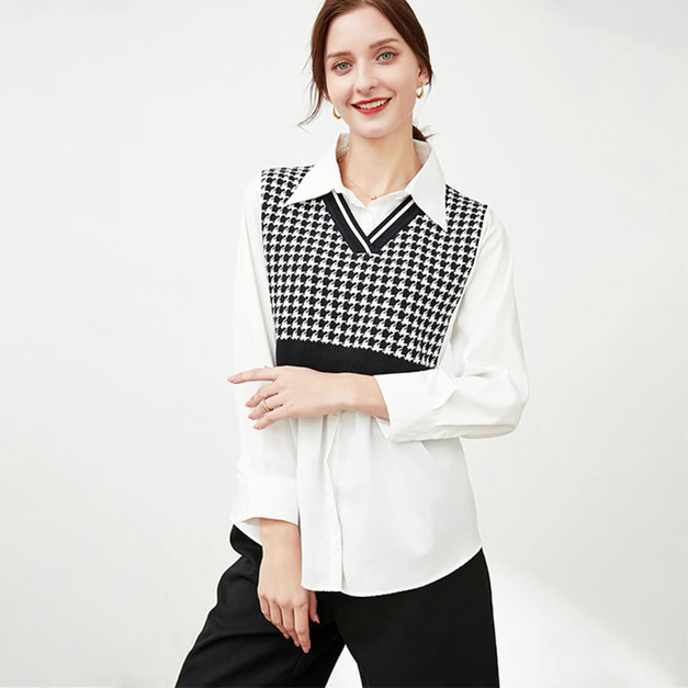 針織衫千鳥格毛衫背心襯衫拼接假兩件式上衣