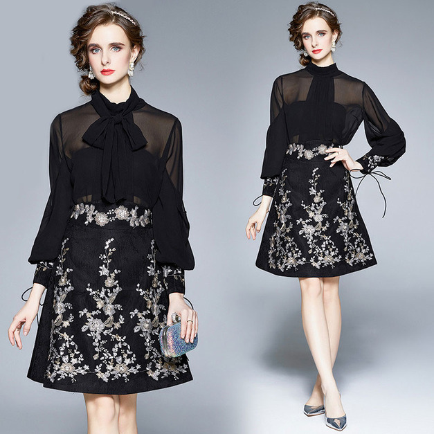 重工蝴蝶結立領襯衫宮廷風刺繡亮片高腰a字裙復古兩件式（內搭裹胸）