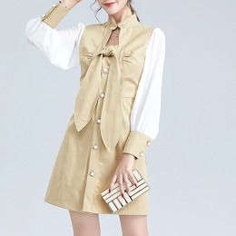 立領繫帶單排扣洋裝壓褶修身中腰撞色A字裙子