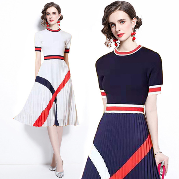 時尚新品透氣針織衫拼接印花百褶洋裝